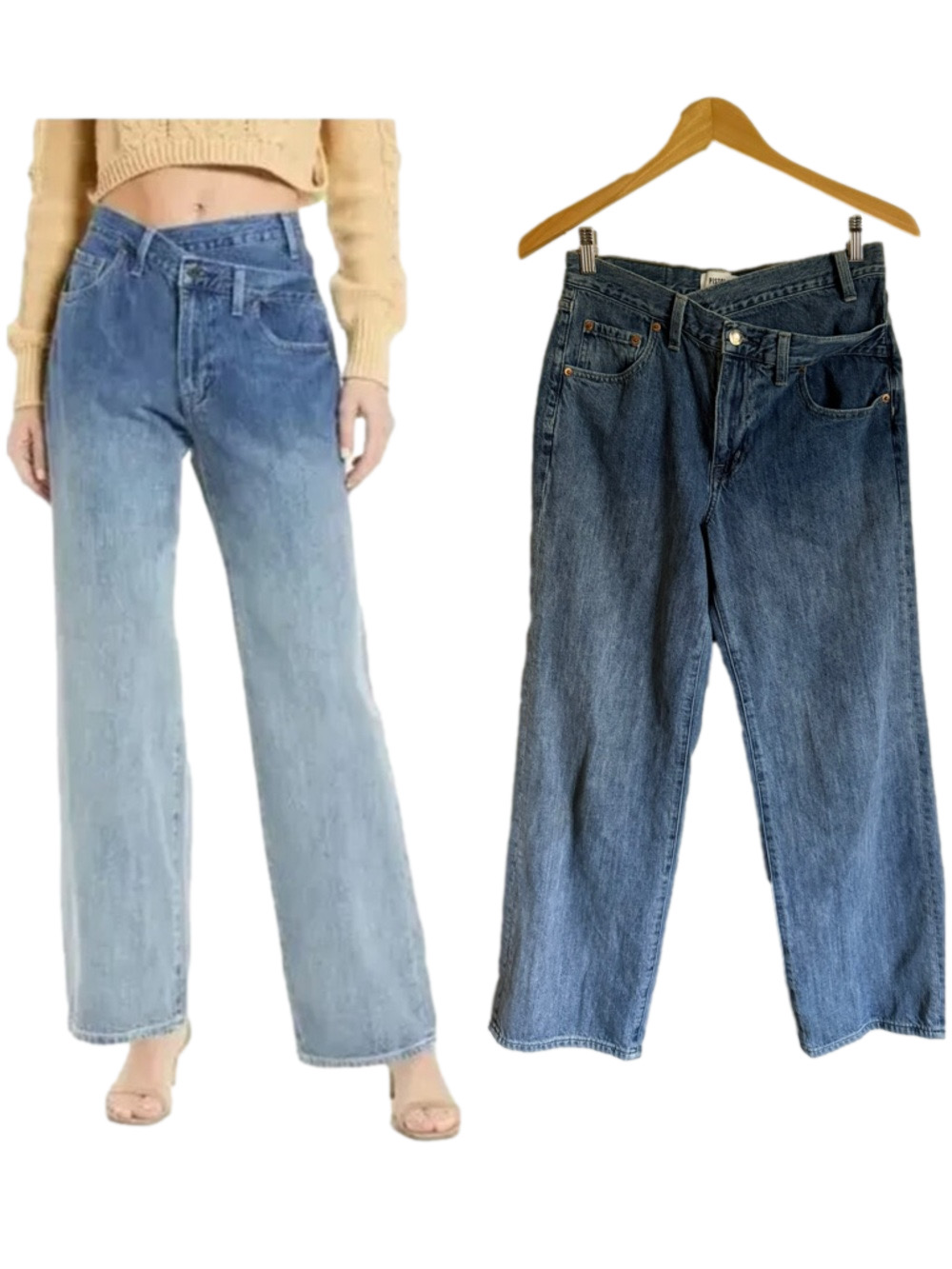 Pistola Bobbie Crossover Waist Jeans Wide Straight Leg Size 27 Ombre Fade Denim